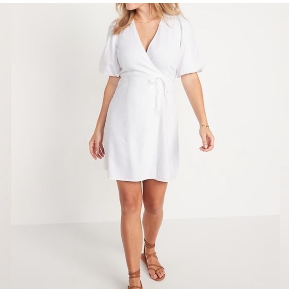 NWT Old Navy Waist Defined Puff Sleeve Linen Blend Mini Wrap Dress White XXLP